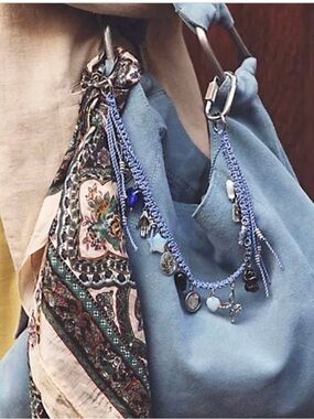 Free People Powder Blue Suede Hobo Bag with Charm Tassel